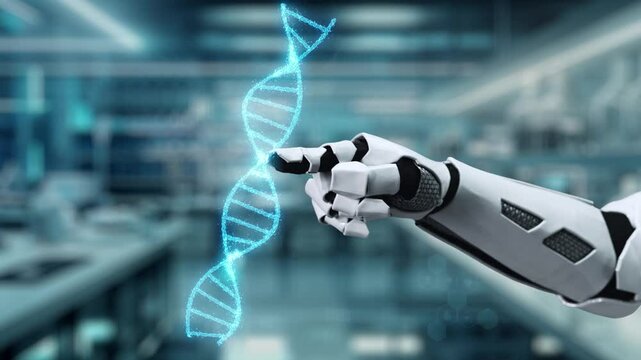 Close up of robotic hand pointing and tapping at DNA hologram with blur laboratory background. Robotic hand clicking at DNA icon to access and connect medical data to diagnosis symptom. Salubrious.