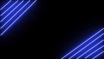 Horizontal neon line from right to left on black screen. Abstract glowing neon lights blinking lines 