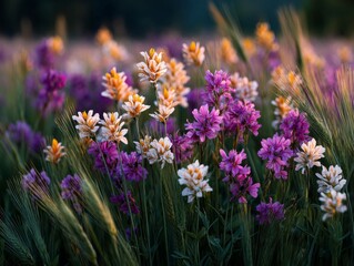 Fototapeta premium Vibrant Wildflowers in a Summer Field at Sunset