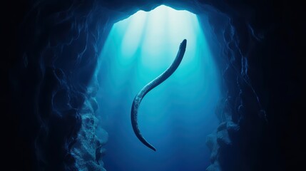 Serene Underwater Scene of an Eel Gliding Gracefully Through a Cave Lit by Dappled Sunlight from the Surface