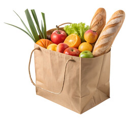 Paper shopping bag with groceries isolated on PNG.