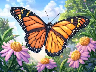 Fototapeta premium Colorful Monarch Butterfly in a Bright Floral Garden Under a Clear Blue Sky with Lush Greenery