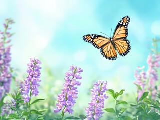 Fototapeta premium Vibrant Monarch Butterfly Over Blooming Purple Flowers in Soft Focus with Blue Background