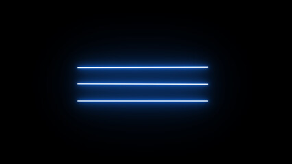 Horizontal neon line from right to left on black screen. Abstract glowing neon lights blinking lines 
