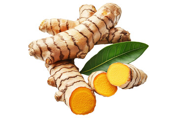 Turmeric root with sliced pieces and green leaves isolated on white transparent background. Concept of freshness and health benefits