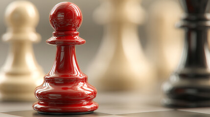 A sleek, shiny red chess pawn stands boldly in focus against a blurred background of neutral-colored pawns, symbolizing individuality, leadership, and standing out with confidence in a uniform crowd.
