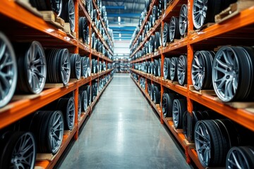 Fototapeta premium Bright warehouse displaying rows of shelves stocked with car rims in a well-organized manner, showcasing the extensive inventory available for automotive enthusiasts