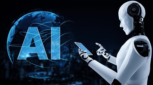 Robot hominoid use mobile phone or tablet in concept of AI thinking brain , artificial intelligence and machine learning process for the 4th fourth industrial revolution . 3D rendering.