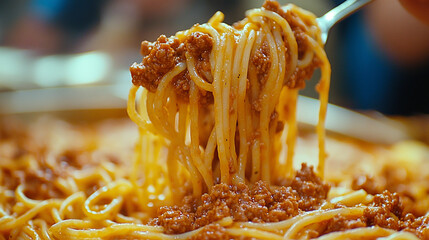 Close-up of traditional Italian spaghetti bolognese, richly coated in meat sauce and garnished with herbs, captured with selective focus to highlight the texture and warmth of this comforting dish.

