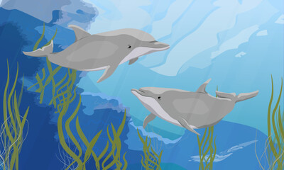A pair of Common bottlenose dolphin swims near an underwater grotto. Realistic vector underwater landscape