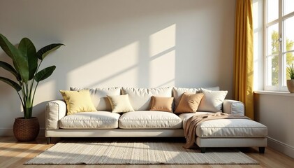 Cozy living room interior with comfortable couch, soft pillows and blankets, natural light , couch, chic, light