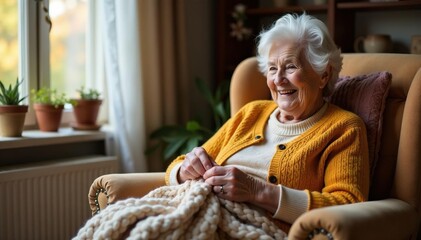 Smiling elderly woman knitting a cozy blanket on a comfy armchair , handcraft, elderly