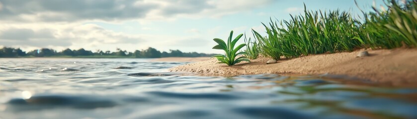 Obraz premium Serene Riverbank View with Lush Green Grass and Gentle Water Reflection Under Cloudy Sky