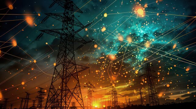Silhouette of power line towers against a sunset sky with digital network overlay effect at dusk - Powered by Adobe