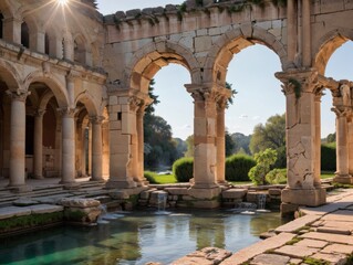Abandoned Roman temple with Pillars and Water baths hot springs