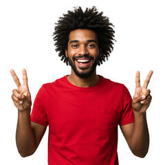 Casual guy in studio showing thumbs up sign with happy smile expression for success