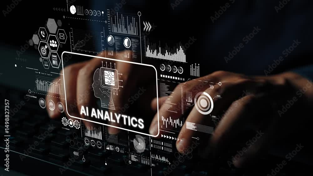 Poster Hands Typing on Keyboard with AI Analytics Visualization and Graphical Elements in Dark Environment. Asymptotic smart data analytic.