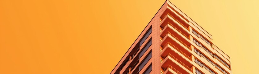 Modern Architecture of High-Rise Building Against Bright Orange Sky at Sunset in Urban Setting