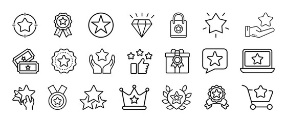 Bonus, benefit, offer, prize, gift, and reward outline icons set isolated on white background flat vector illustration.