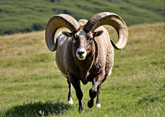  Close Up Of A Large Ram With Curled Horns Facing Camera With Dark Background