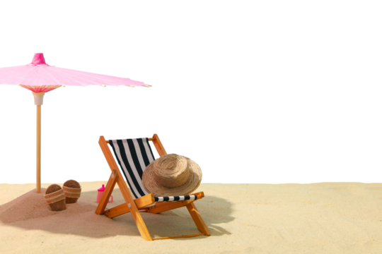 A deck chair and straw hat sit under a pink umbrella on sand, isolated on white, PNG