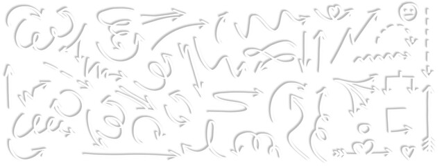 Marker arrow sketches collection - hand drawn doodle style pointers, curved lines, round swirls. Chaotic scribbling, artistic design elements set. White marker brush strokes isolated on transparent bg