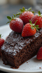 Chocolate cake slice topped with fresh strawberries on a plate
