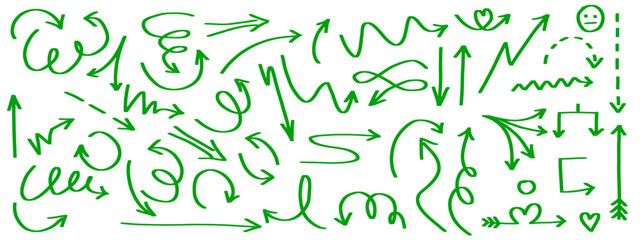 Marker arrow sketches collection - hand drawn doodle style pointers, curved lines, round swirls. Chaotic scribbling, artistic design elements set. Green marker brush strokes isolated on transparent bg