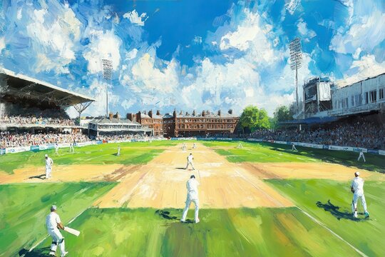 Exciting cricket match unfolds on a vibrant pitch with fans cheering in a lively stadium under a bright blue sky in the afternoon