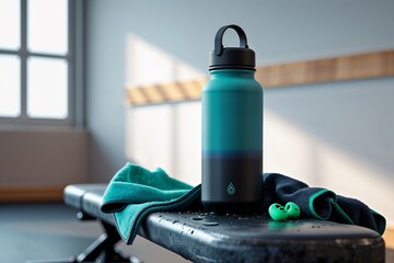 Stylish Water Bottle on Gym Bench with Headphones and Towel