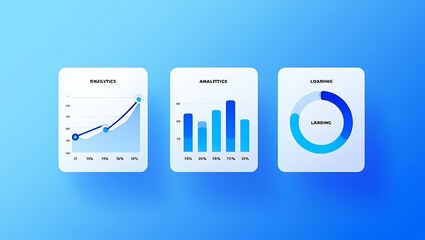 Modern graphical data visualization of analytical charts and progress indicator on blue background