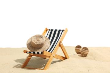 A beach chair and straw hat await summer fun on the sand, isolated on white, PNG