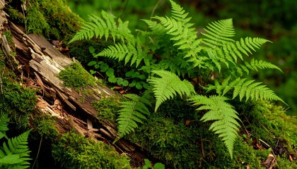 Lush green ferns and vibrant moss growing on a weathered, decaying log in a natural forest setting, showcasing nature's beauty.