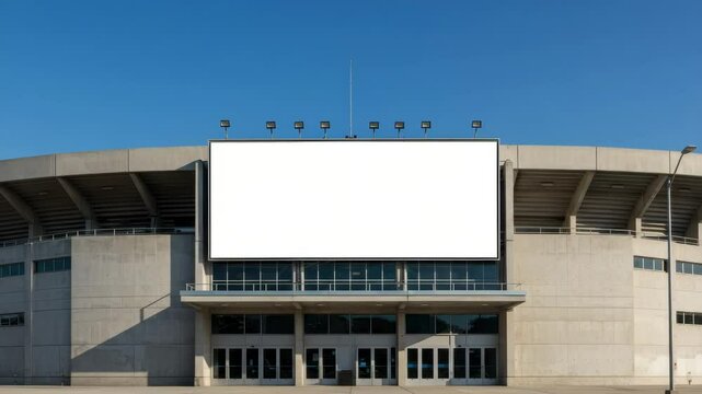 An empty billboard stands at the entrance of a stadium on a sunny day with no clouds in sight