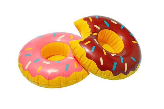 Inflatable donut floaters in pink and brown colors for summer fun, isolated on white, PNG
