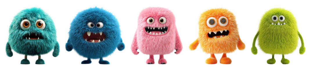 Plakat PNG Colorful fuzzy cartoon monsters, element set on transparent background