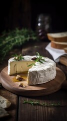 A wedge of cheese is on a wooden cutting board
