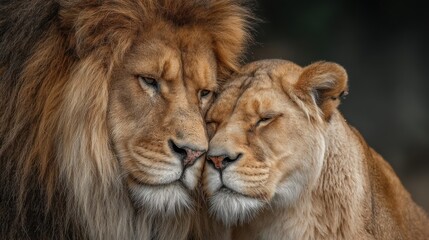 Obraz premium Affectionate Lion and Lioness Touching Noses in a Moment of Intimate Connection