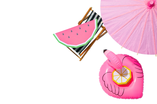 Bright and cheerful summer items perfect for vacation relaxation, isolated on white, PNG