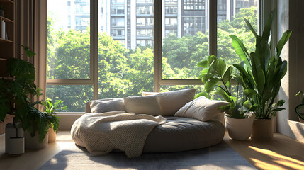 interior, room, sofa, furniture, home, plant, living, chair, wall, house, table, design, couch, window, lounge, floor, decoration, indoor, decor, pot, lamp, patio, relax, light, luxury