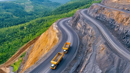 Aerial View of Heavy Dump Trucks Transporting Gravel on Winding Road in Quarry Landscape with Lush Green Forest