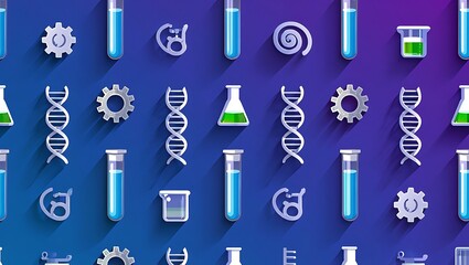 Science themed seamless pattern with laboratory equipment and dna helix on gradient background