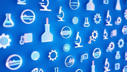 Scientific icons and symbols arrangement on a blue background representing research and technology