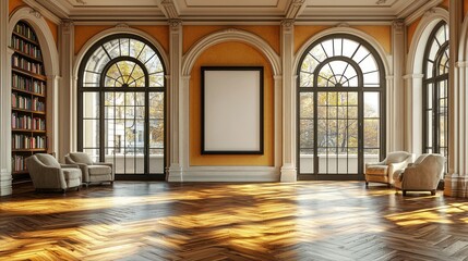 Fototapeta premium Grand, sunlit room with arched windows, bookshelves, and empty frame