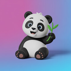 A 3D rendered cartoon panda character sitting upright against a gradient background that transitions from pink on the left to blue on the right.