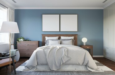 calm tone teenager bedroom with wooden queen size bed and two mockup poster frame on the wall. 3d illustration