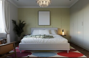 calm tone teenager bedroom with queen size bed and a mockup poster frame on the wall. 3d illustration