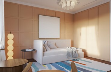 calm tone kids bedroom with beige sofa bed, orange wall and a mockup poster frame on the wall. 3d illustration