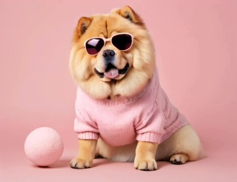 Chow Chow dog wearing sunglasses and a sweater on pink background