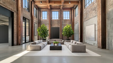 Spacious modern living room with industrial design and natural elements featuring large windows and greenery
